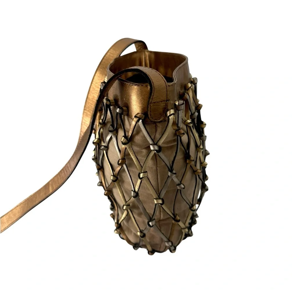Maripe Genuine Leather Woven Lattice Shoulder Bag Metallic Gold Silver Copper